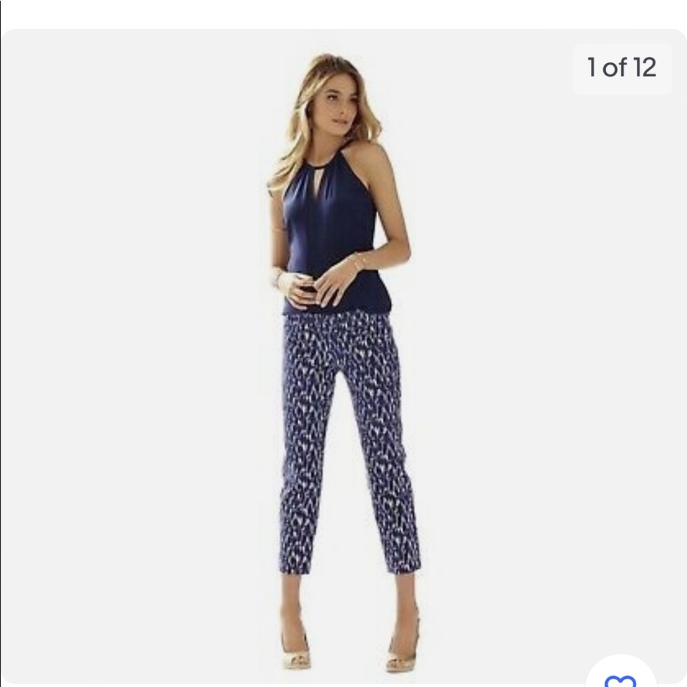 Lilly Pulitzer navy and white cropped luxury capri pant “New School Fish” size 8